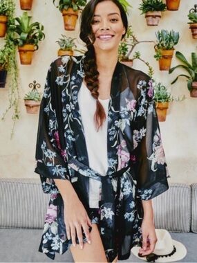 Floral Sheer Black Kimono Coverup with Belt